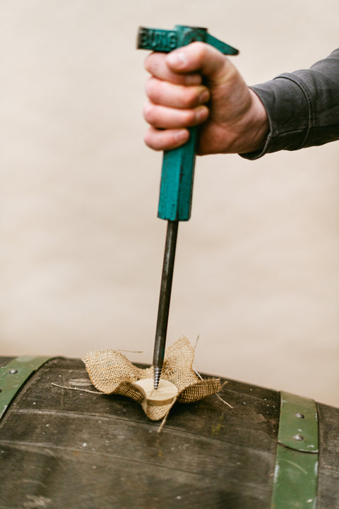 A top of wooden barrel, with a bung puller jammed in a bung to open it