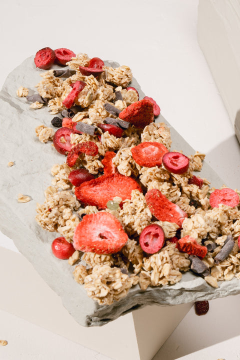 Dried oats with dried red berries and chocolate shavings on a stone tile
